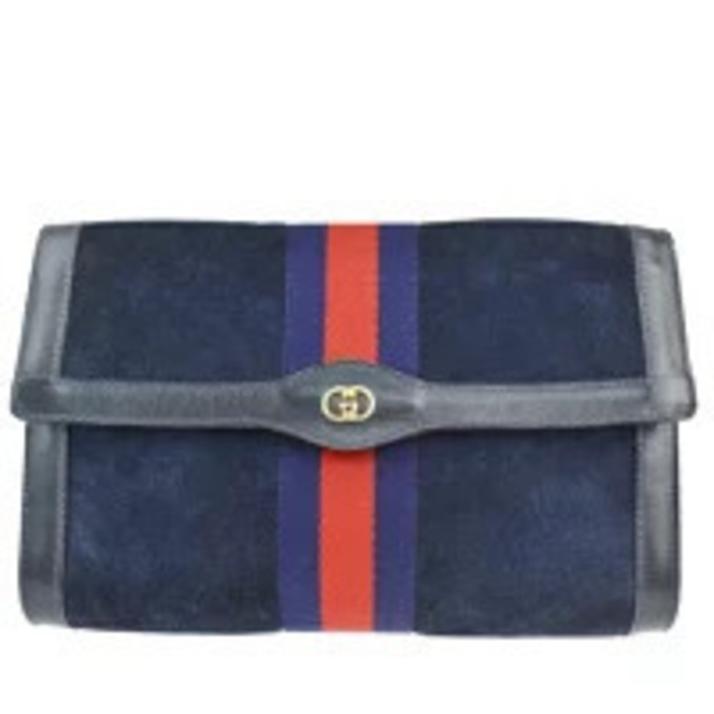 Gucci Sherry Clutch Bag Pouch Clutch GG Navy Blue Red Suede Leather